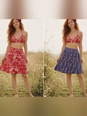 ❤ REVERSABLE Red Floral➕Mauve Mod A-Line Skirt PRETTY SHELL SIDE BUTTONS Sz M